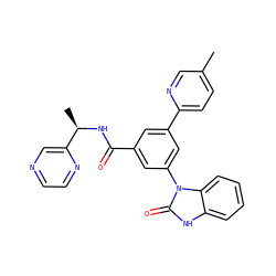 Cc1ccc(-c2cc(C(=O)N[C@H](C)c3cnccn3)cc(-n3c(=O)[nH]c4ccccc43)c2)nc1 ZINC000113543283