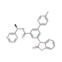 Cc1ccc(-c2cc(C(=O)N[C@H](C)c3cnccn3)cc(-n3c(=O)oc4ccccc43)c2)nc1 ZINC000113541587