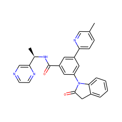 Cc1ccc(-c2cc(C(=O)N[C@H](C)c3cnccn3)cc(N3C(=O)Cc4ccccc43)c2)nc1 ZINC000113543175