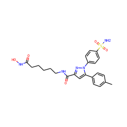 Cc1ccc(-c2cc(C(=O)NCCCCCC(=O)NO)nn2-c2ccc(S(N)(=O)=O)cc2)cc1 ZINC001772639835