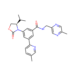 Cc1ccc(-c2cc(C(=O)NCc3cnc(C)cn3)cc(N3C(=O)OC[C@H]3C(C)C)c2)nc1 ZINC000113542557