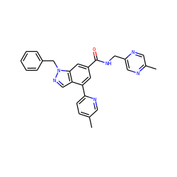 Cc1ccc(-c2cc(C(=O)NCc3cnc(C)cn3)cc3c2cnn3Cc2ccccc2)nc1 ZINC000142233572
