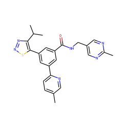 Cc1ccc(-c2cc(C(=O)NCc3cnc(C)nc3)cc(-c3snnc3C(C)C)c2)nc1 ZINC000114291604