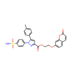 Cc1ccc(-c2cc(C(=O)OCCOc3ccc4ccc(=O)oc4c3)nn2-c2ccc(S(N)(=O)=O)cc2)cc1 ZINC001772656635