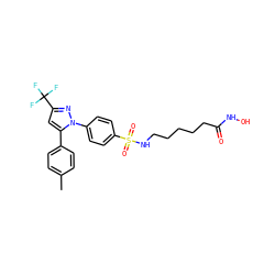 Cc1ccc(-c2cc(C(F)(F)F)nn2-c2ccc(S(=O)(=O)NCCCCCC(=O)NO)cc2)cc1 ZINC001772610161