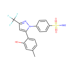 Cc1ccc(-c2cc(C(F)(F)F)nn2-c2ccc(S(N)(=O)=O)cc2)c(O)c1 ZINC000072128697