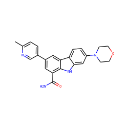 Cc1ccc(-c2cc(C(N)=O)c3[nH]c4cc(N5CCOCC5)ccc4c3c2)cn1 ZINC000113205979