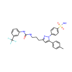 Cc1ccc(-c2cc(CCCNC(=O)Nc3cccc(C(F)(F)F)c3)nn2-c2ccc(S(N)(=O)=O)cc2)cc1 ZINC000071329436