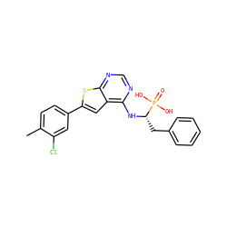 Cc1ccc(-c2cc3c(N[C@@H](Cc4ccccc4)P(=O)(O)O)ncnc3s2)cc1Cl ZINC000222959588