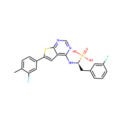 Cc1ccc(-c2cc3c(N[C@H](Cc4cccc(F)c4)P(=O)(O)O)ncnc3s2)cc1F ZINC001772583958