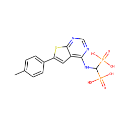 Cc1ccc(-c2cc3c(NC(P(=O)(O)O)P(=O)(O)O)ncnc3s2)cc1 ZINC000095602470