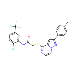 Cc1ccc(-c2cc3c(SCC(=O)Nc4cc(C(F)(F)F)ccc4Cl)nccn3n2)cc1 ZINC000017051546