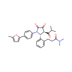 Cc1ccc(-c2ccc(N3C(=O)C(=O)[C@@H](C(=O)C(C)C)[C@@H]3c3ccccc3CCC(=O)N(C)C)cc2)o1 ZINC000169696547