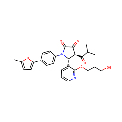 Cc1ccc(-c2ccc(N3C(=O)C(=O)[C@@H](C(=O)C(C)C)[C@@H]3c3cccnc3OCCCO)cc2)o1 ZINC000169696325