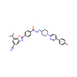 Cc1ccc(-c2ccc(N3CCC(CNC(=O)c4ccc(-c5nc6cc(C#N)cc(C(C)C)c6o5)cc4)CC3)nc2)cc1 ZINC000066104420