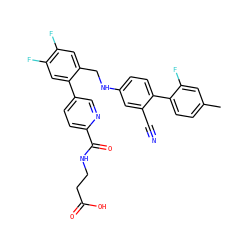 Cc1ccc(-c2ccc(NCc3cc(F)c(F)cc3-c3ccc(C(=O)NCCC(=O)O)nc3)cc2C#N)c(F)c1 ZINC000148655973