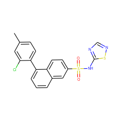 Cc1ccc(-c2cccc3cc(S(=O)(=O)Nc4ncns4)ccc23)c(Cl)c1 ZINC000206116675