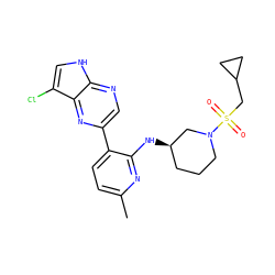 Cc1ccc(-c2cnc3[nH]cc(Cl)c3n2)c(N[C@@H]2CCCN(S(=O)(=O)CC3CC3)C2)n1 ZINC000168792468