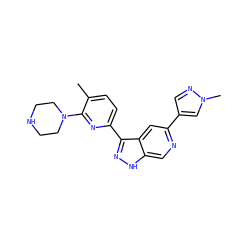 Cc1ccc(-c2n[nH]c3cnc(-c4cnn(C)c4)cc23)nc1N1CCNCC1 ZINC000205485356
