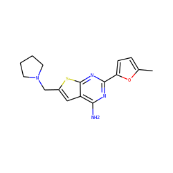 Cc1ccc(-c2nc(N)c3cc(CN4CCCC4)sc3n2)o1 ZINC000118716094