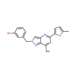 Cc1ccc(-c2nc(N)c3nn(Cc4cccc(O)c4)cc3n2)o1 ZINC000653842828