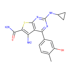 Cc1ccc(-c2nc(NC3CC3)nc3sc(C(N)=O)c(N)c23)cc1O ZINC000073240604