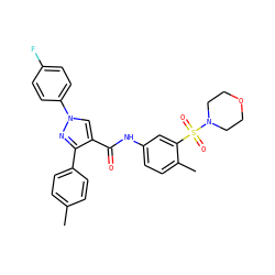 Cc1ccc(-c2nn(-c3ccc(F)cc3)cc2C(=O)Nc2ccc(C)c(S(=O)(=O)N3CCOCC3)c2)cc1 ZINC000169340192