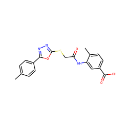 Cc1ccc(-c2nnc(SCC(=O)Nc3cc(C(=O)O)ccc3C)o2)cc1 ZINC000013364766