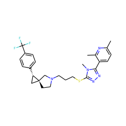 Cc1ccc(-c2nnc(SCCCN3CC[C@]4(C[C@@H]4c4ccc(C(F)(F)F)cc4)C3)n2C)c(C)n1 ZINC001772587093