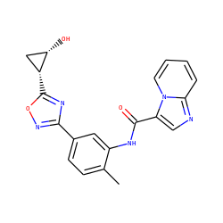 Cc1ccc(-c2noc([C@@H]3C[C@@H]3O)n2)cc1NC(=O)c1cnc2ccccn12 ZINC000206107530
