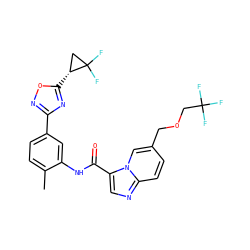 Cc1ccc(-c2noc([C@@H]3CC3(F)F)n2)cc1NC(=O)c1cnc2ccc(COCC(F)(F)F)cn12 ZINC000206106668