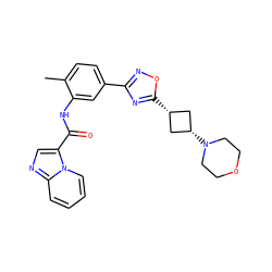 Cc1ccc(-c2noc([C@H]3C[C@@H](N4CCOCC4)C3)n2)cc1NC(=O)c1cnc2ccccn12 ZINC001772597094