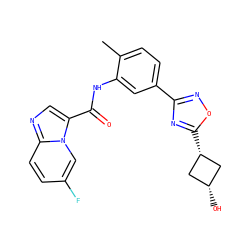 Cc1ccc(-c2noc([C@H]3C[C@@H](O)C3)n2)cc1NC(=O)c1cnc2ccc(F)cn12 ZINC001772656905