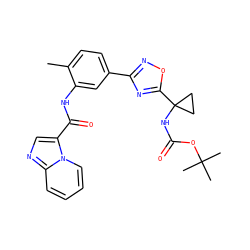 Cc1ccc(-c2noc(C3(NC(=O)OC(C)(C)C)CC3)n2)cc1NC(=O)c1cnc2ccccn12 ZINC000206100195