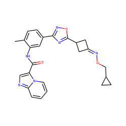 Cc1ccc(-c2noc(C3CC(=NOCC4CC4)C3)n2)cc1NC(=O)c1cnc2ccccn12 ZINC000206427395