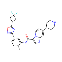 Cc1ccc(-c2noc(C3CC(F)(F)C3)n2)cc1NC(=O)c1cnc2cc(C3CCNCC3)ccn12 ZINC000206117940
