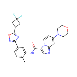 Cc1ccc(-c2noc(C3CC(F)(F)C3)n2)cc1NC(=O)c1cnc2cc(N3CCOCC3)ccn12 ZINC000206101250