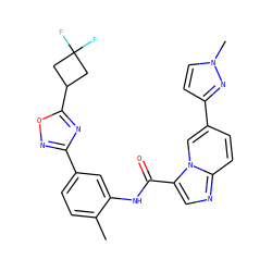 Cc1ccc(-c2noc(C3CC(F)(F)C3)n2)cc1NC(=O)c1cnc2ccc(-c3ccn(C)n3)cn12 ZINC000206111620