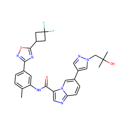 Cc1ccc(-c2noc(C3CC(F)(F)C3)n2)cc1NC(=O)c1cnc2ccc(-c3cnn(CC(C)(C)O)c3)cn12 ZINC000206120599