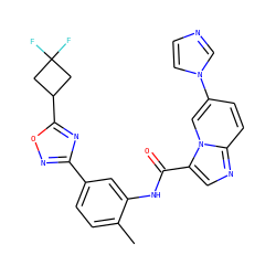 Cc1ccc(-c2noc(C3CC(F)(F)C3)n2)cc1NC(=O)c1cnc2ccc(-n3ccnc3)cn12 ZINC000206113484