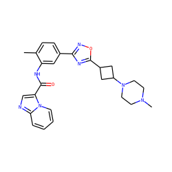 Cc1ccc(-c2noc(C3CC(N4CCN(C)CC4)C3)n2)cc1NC(=O)c1cnc2ccccn12 ZINC000144103286