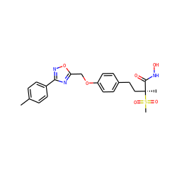 Cc1ccc(-c2noc(COc3ccc(CC[C@@](C)(C(=O)NO)S(C)(=O)=O)cc3)n2)cc1 ZINC000169686504