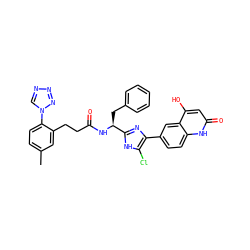 Cc1ccc(-n2cnnn2)c(CCC(=O)N[C@@H](Cc2ccccc2)c2nc(-c3ccc4[nH]c(=O)cc(O)c4c3)c(Cl)[nH]2)c1 ZINC000115472982