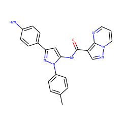 Cc1ccc(-n2nc(-c3ccc(N)cc3)cc2NC(=O)c2cnn3cccnc23)cc1 ZINC000204760041