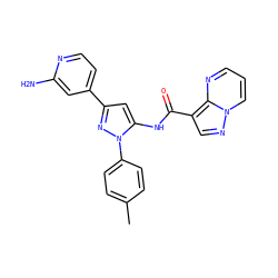 Cc1ccc(-n2nc(-c3ccnc(N)c3)cc2NC(=O)c2cnn3cccnc23)cc1 ZINC000204761483