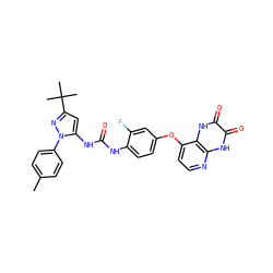 Cc1ccc(-n2nc(C(C)(C)C)cc2NC(=O)Nc2ccc(Oc3ccnc4[nH]c(=O)c(=O)[nH]c34)cc2F)cc1 ZINC000058541767