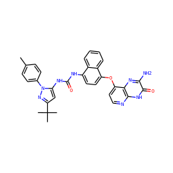 Cc1ccc(-n2nc(C(C)(C)C)cc2NC(=O)Nc2ccc(Oc3ccnc4[nH]c(=O)c(N)nc34)c3ccccc23)cc1 ZINC000058584049
