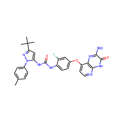 Cc1ccc(-n2nc(C(C)(C)C)cc2NC(=O)Nc2ccc(Oc3ccnc4[nH]c(=O)c(N)nc34)cc2F)cc1 ZINC000058581167