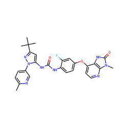 Cc1ccc(-n2nc(C(C)(C)C)cc2NC(=O)Nc2ccc(Oc3ccnc4c3[nH]c(=O)n4C)cc2F)cn1 ZINC000049780637