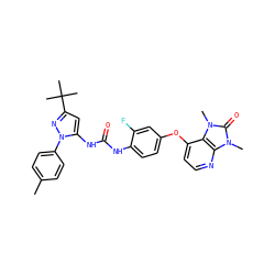 Cc1ccc(-n2nc(C(C)(C)C)cc2NC(=O)Nc2ccc(Oc3ccnc4c3n(C)c(=O)n4C)cc2F)cc1 ZINC000049781403